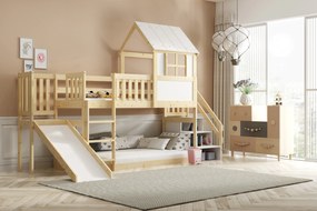 Posteľ ANTRESOLA 200×90 cm so šmykľavkou, schodíkmi a strieškou – borovica