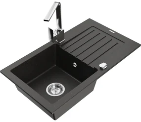 Mexen Pablo, granitový drez 752x436x161 mm, 1-komorový a chrómová batéria Rita, čierna-zlatá metalíza, 6510-75-670300-00