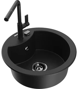 Mexen Diego, 1-komorový granitový drez 488x488x167 mm a drezová batéria Flora, čierna, 6512-77-670401-70-B