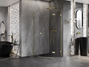 Mexen Lunar, päťuholníkový sprchový kút s pravým sklonom 90 x 90 cm, 8mm číre sklo, zlatý matný profil, 831-090P-090L-55-00-P