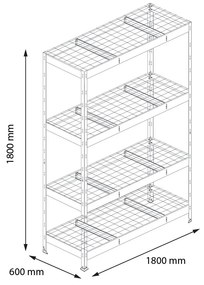 Bezskrutkový kovový regál RIVET, 180x180x60 cm, 4x sieťová drôtená polica, zinok