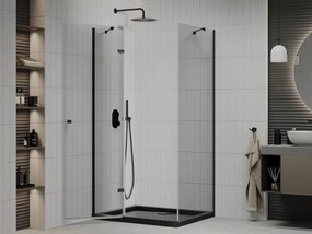 Mexen Roma, sprchovací kút s 1-krídlovými dverami 100 (dvere) x 80 (stena) cm, 6mm číre sklo, čierny profil, slim sprchová vanička 5cm čierna s čiernym sifónom, 854-100-080-70-00-4070B