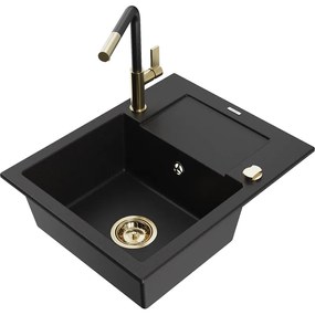 Mexen Enzo, 1-komorový granitový drez 576x465x174 mm a drezová batéria Flora, čierna, 6506-77-670401-57-G