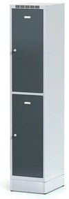 Šatníková skrinka S6 na sokli s úložnými boxami, 2 boxy, 1920 x 400 x 500 mm, otočný zámok, tmavosivé dvere