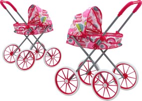 LEAN Toys Skladací kočík pre bábiky s veľkými kolesami, ružové vzory