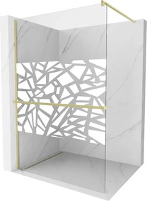 Mexen Kioto+, sprchová zástena Walk-In s poličkou a vešiakom 110 x 200 cm, 8mm číre sklo biely vzor, zlatý matný profil, 800-110-121-55-85