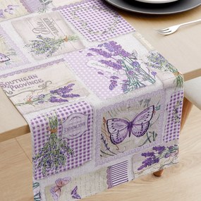 Goldea behúň na stôl 100% bavlnené plátno - patchwork levanduľou s motýľmi 20x160 cm