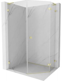 Mexen Lunar, L pravý výklopný päťuholníkový sprchový kút 80 x 90 cm, 8mm číre sklo, zlatý matný profil, 831L-080P-090L-55-00-P