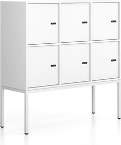 Kancelárska skriňa FRAME, nízka, biela podnož, 6x dvere, 1299 x 450 x 1331 mm, mechanický kódový zámok, biela