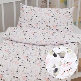 Biante Detské bavlnené posteľné obliečky do postieľky Sandra SA-288 Eukalyptus s ružovými kvetmi na bielom Do postieľky 90x140 a 40x60 cm