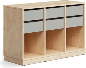 Úložná skrinka CASPER, 6 zásuviek, 3 priehradky, so soklom, breza/šedá