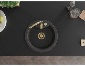 Mexen Diego, 1-komorový granitový drez 488x488x167 mm, zlatý sifón, zlatá lesklá batéria Telma, čierna škvrnitá, 6512-76-670200-50