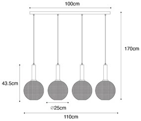 Dizajnové závesné svietidlo čierne s dymovým sklom 4-svetlo - Chico