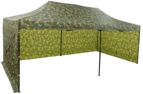 Rýchlorozkladací nožnicový stan 3x6m – oceľový, 3 bočné plachty, Maskáčová