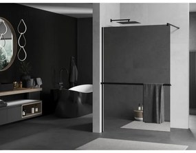Mexen Kioto+, sprchová zástena s poličkou a držiakom na uteráky 90 x 200 cm, 8mm sklo vzor zrkadlo, čierny profil, 800-090-121-70-50