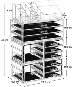 XXL organizér s 11 zásuvkami a 15 oddeleniami na make up a kozmetiku, priehľadný, akryl