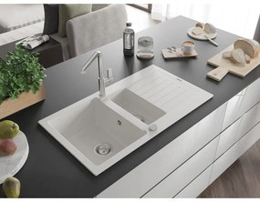 Mexen Matias, 1,5-komorový granitový drez 900x505x200 mm a drezová batéria Flora, biela, 6502-20-670401-00