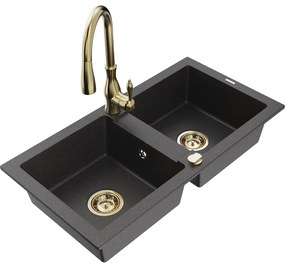 Mexen Mario, 2-komorový granitový drez 820x436x161 mm a drezová batéria Savita, čierna škvrtnitá, 6504-76-672601-50
