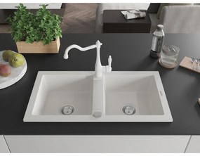 Mexen Mario, granitový drez 820x436x161 mm, 2-komorový a drezová batéria Carla, biela, 6504-20-670700-20