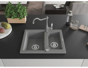 Mexen Carlos, granitový drez 582x475x177 mm, 1,5-komorový a drezová batéria Carla, šedá, 6518-71-670700-71