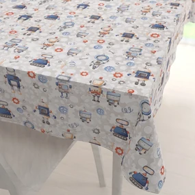 Biante Detský bavlnený obdĺžnikový obrus Sandra SA-584 Svet robotov na sivo-bielom 140x220 cm