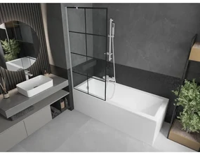 Mexen Next, vaňová zástena 1-krídlová 80 x 150 cm, fixné krídlo, 6 mm číre sklo s čiernym vzorom, biely profil, 895-080-000-00-77-20