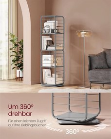 4-poschodová otočná polica na knihy, knižnica s oceľovým rámom, sivá