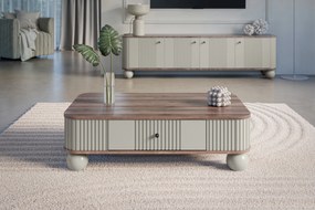 Kávový stolík Vesper 103x60 cm so zásuvkou - kašmír / orech / čierne úchyty / guľové nohy