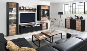 Vysoká vitrína Boston, čierna/dub ribbeck, s osvetlením, pravá