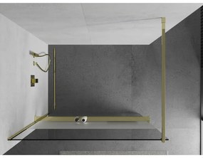 Mexen Kioto+, sprchová zástena s poličkou a držiakom na uteráky 100 x 200 cm, 8mm číre sklo vzor námraza, zlatý profil, 800-100-121-50-35