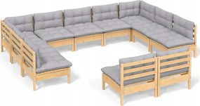 vidaXL 11-dielna sedacia súprava do záhrady, sivé vankúše, borovica