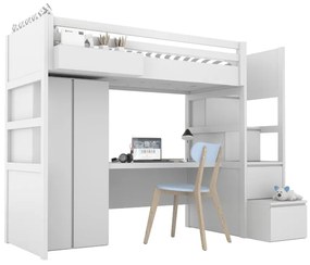 Biela vyvýšená posteľ SIMONE s úložnými schodmi, skriňou, písacím stolom a policou 90x200 cm