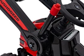 Červený detský elektrický traktorový bager 12V s diaľkovým ovládaním, pohyblivým ramenom a FM rádiom