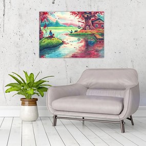 Sklenený obraz - Aquarel, Zátoka v horskej dedinke (70x50 cm)