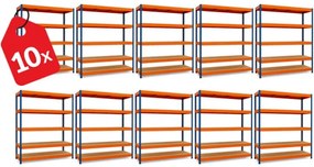 Akcia 10x Regál 216x180x50 cm profesionálny 5-policový, nosnosť 1500 kg - modro-oranžový