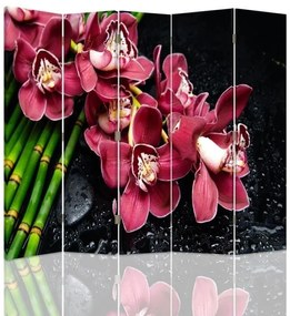 Ozdobný paraván, Orchidej s bambusem - 180x170 cm, päťdielny, klasický paraván