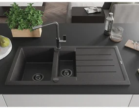 Mexen Andres, 1,5-komorový granitový drez 1000x500x200 mm a drezová batéria Flora, čierna škvrnitá, 6515-76-670401-08-B