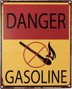 Žltočervená antik nástenná kovová ceduľa Danger Gasoline - 20*1*25 cm