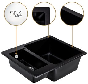 Sink Quality Ferrum, kuchynský granitový drez 605x495x210 mm + čierny sifón, čierna, SKQ-FER.C.5KBO.XB