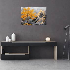 Sklenený obraz – Zlatý strom v horách (70x50 cm)
