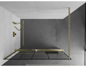 Mexen Kioto+, sprchová zástena Walk-In s poličkou a vešiakom 70 x 200 cm, 8mm číre sklo čierny vzor, zlatý matný profil, 800-070-121-55-78