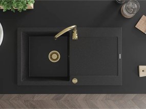 Mexen Leo, drez granitový 900x500x190 mm, 1-komorový, čierna-strieborná metalíza so zlatým sifónom, 6501901010-73-G
