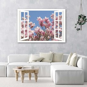 Obraz na plátně Pohled z okna Květiny Růžová příroda - 100x70 cm