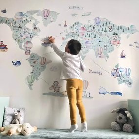Nálepka na stenu mapa sveta - Balóny a dopravné prostriedky