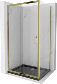 Mexen Apia sprchovací kút s posuvnými dverami 100 (dvere) x 80 (stena) cm, 5mm číre sklo, zlatý profil + čierna sprchová vanička SLIM, 840-100-080-50-00-4070G