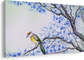Obraz - Vtáčik na strome s modrými kvetmi (90x60 cm)