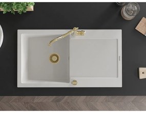 Mexen Leo, granitový drez 900x500x190 mm, 1-komorový a drezová batéria Carla, biela, 6501-20-670700-50