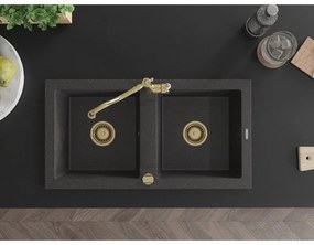 Mexen Mario, granitový drez 820x436x161 mm, 2-komorový a drezová batéria Carla, čierna škvrnitá, 6504-76-670700-50