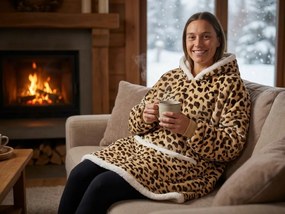 Baránková mikinová deka s rukávmi a kapucňou LEOPARD, krémová