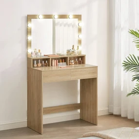 Veľký kozmetický toaletný stolík s LED osvetlením, zrkadlom, zásuvkami, dub Sonoma